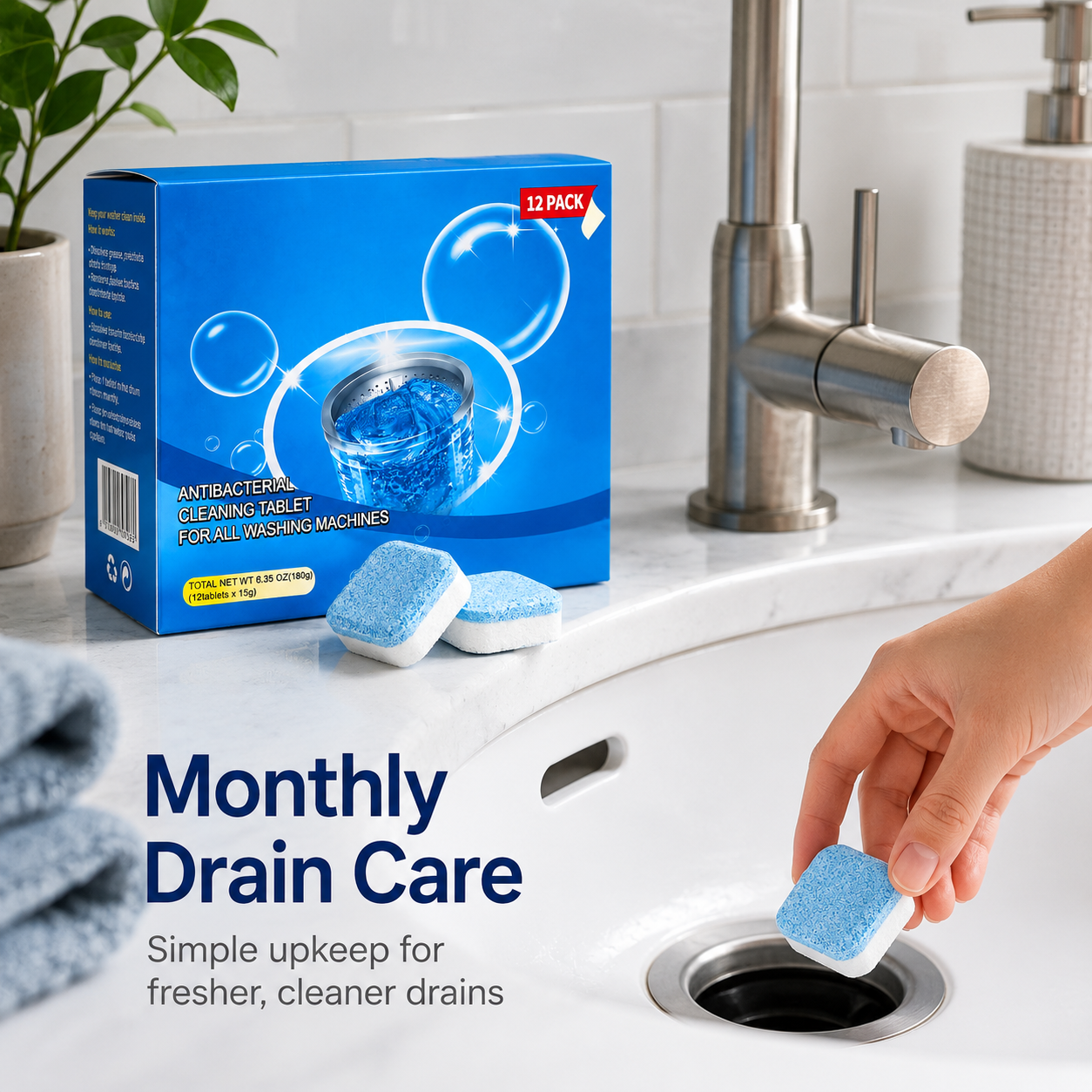 💥🫧Drain Cleaning Tablets 12 Pack For Sinks, Showers & Washing Machines🧼