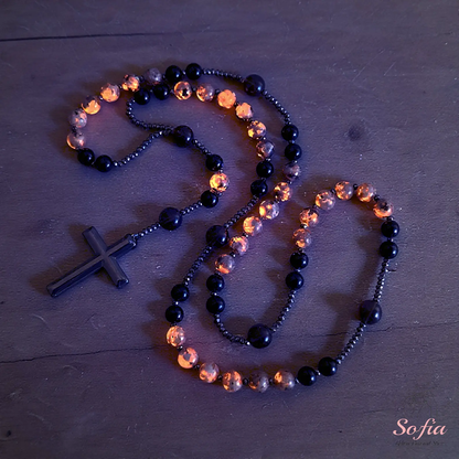 Natural Obsidian Yooperlite Rosary Necklace, UV Reactive Energy Protection Healing Crystal