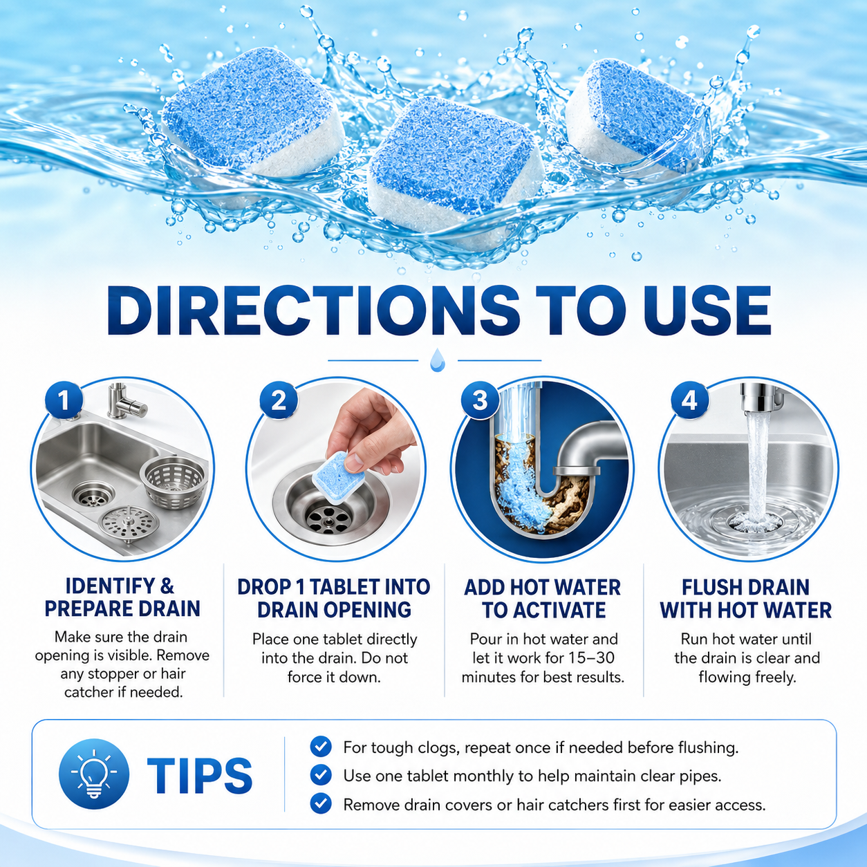 💥🫧Drain Cleaning Tablets 12 Pack For Sinks, Showers & Washing Machines🧼