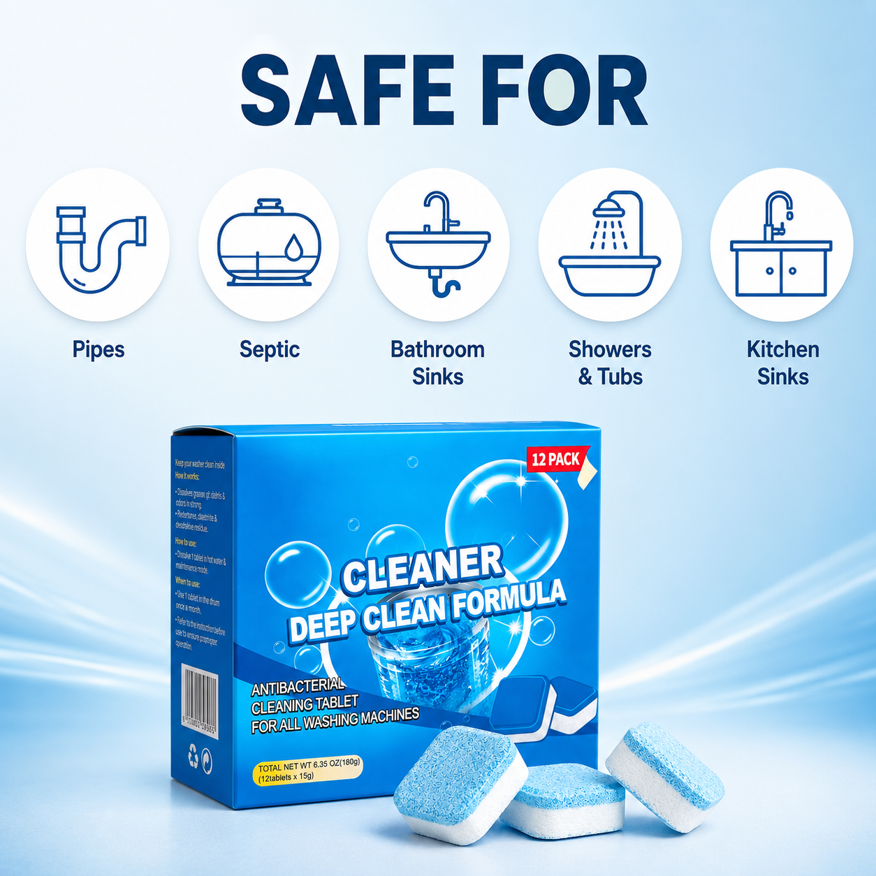 💥🫧Drain Cleaning Tablets 12 Pack For Sinks, Showers & Washing Machines🧼