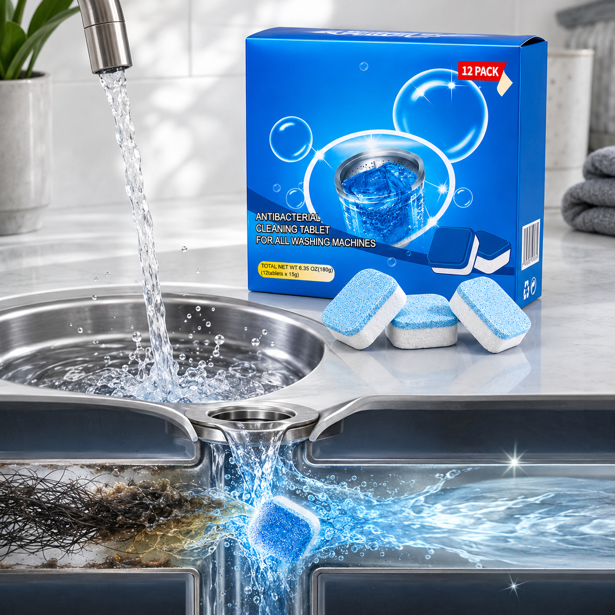 💥🫧Drain Cleaning Tablets 12 Pack For Sinks, Showers & Washing Machines🧼